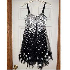 Black Layered Tulle Cocktail Dress with Silver Sequins and Feathers